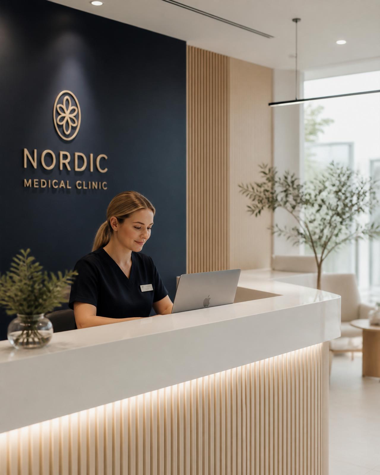 Modern medical clinic reception with a receptionist reviewing patient data on a laptop