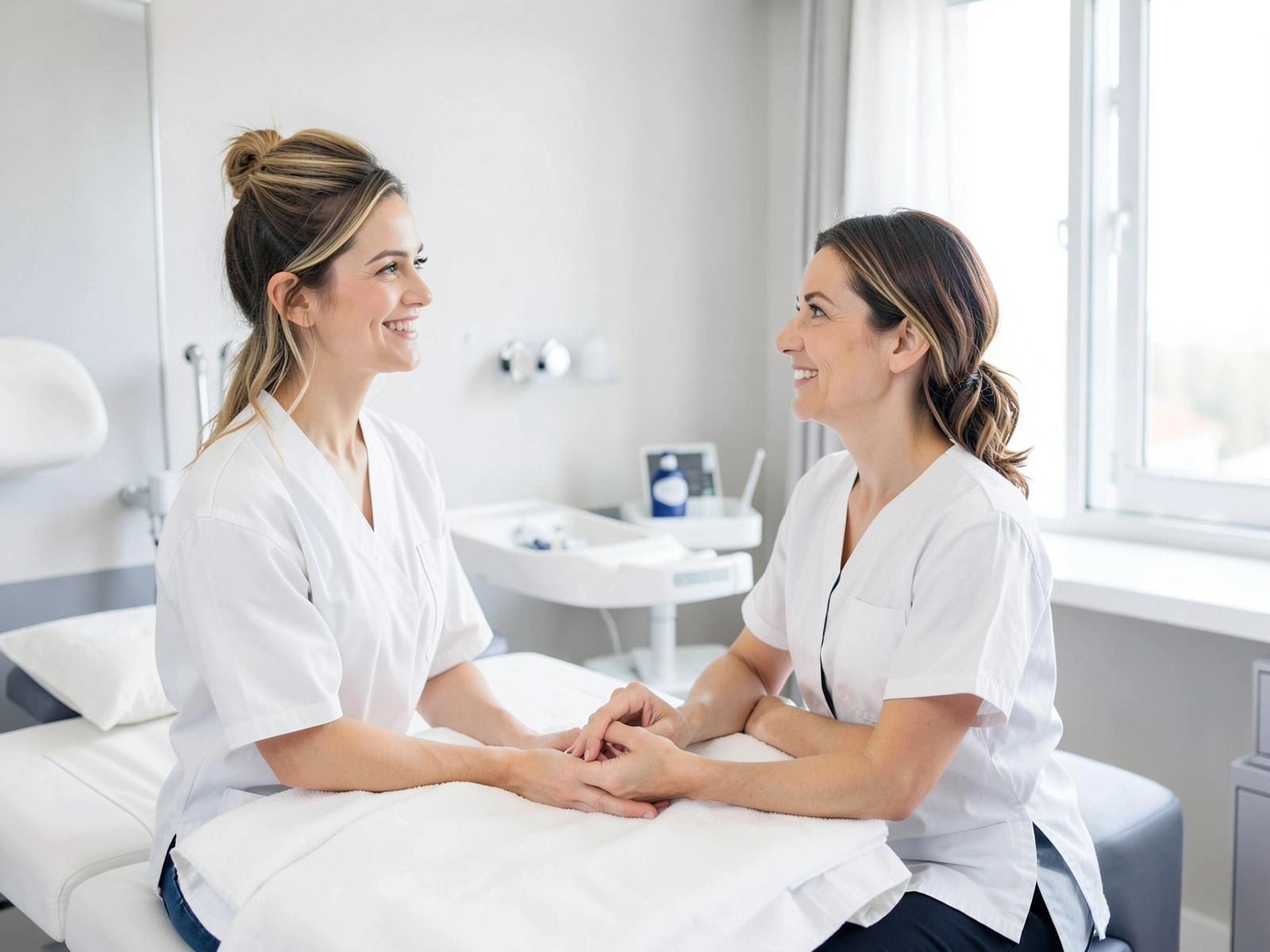 Med spa practitioner consulting with a patient about a treatment plan in a bright clinic room