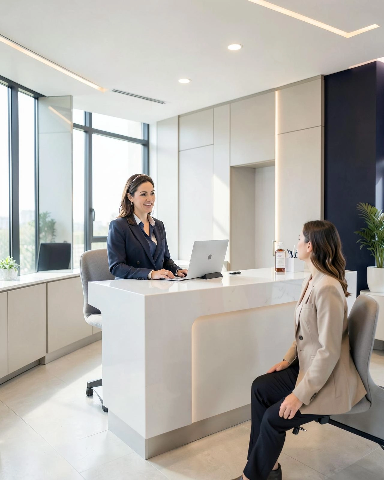 Med spa consultation room with a practitioner discussing treatment plans with a client