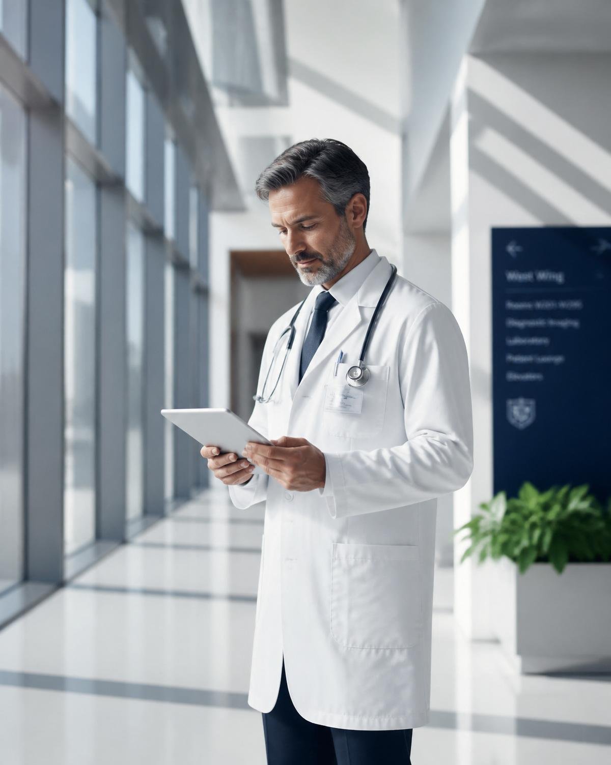 Clinician reviewing patient data on a tablet in a sunlit hospital corridor